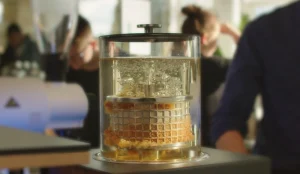 Baby Hardtank brewing cold brew coffee in the basket.