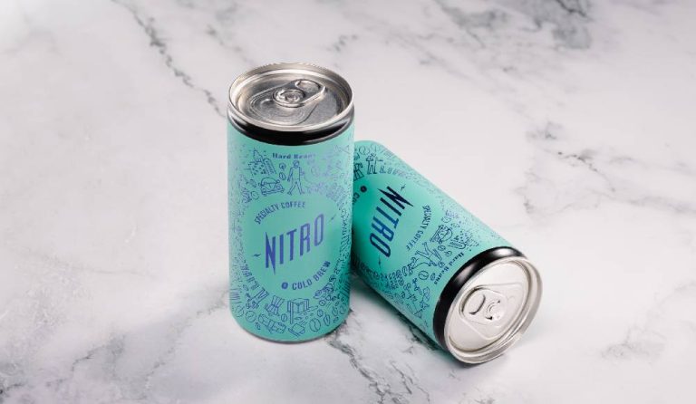 How does a great white label cold brew coffee partnership work? 10 Hardtank nitro white label cold brew cans in turquoise branding