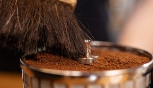 Coffee grounds in a filter basket in an article on the amount of caffeine in cold brew.