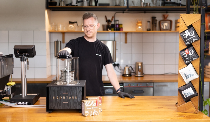 Preparing coffee with Hardtank commercial iced coffee equipment.