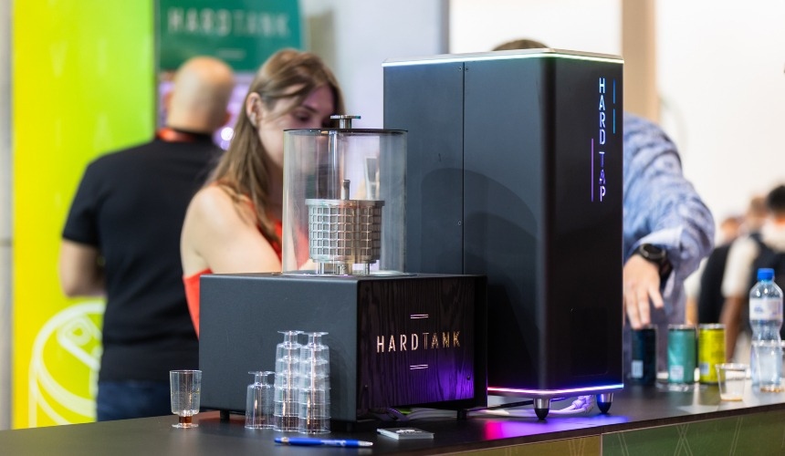 A Hardtank system next to a Hardtap dispenser.