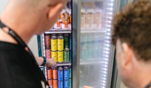 A fridge containing private label matcha tea from Hardtank.